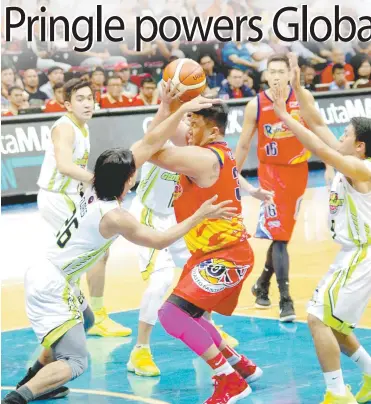 ??  ?? Rain or Shine’s power forward Beau Belga No. 30 attempts to drive past Lervin Flores ( 26) and Nico Elorde No. 9 of GlobalPort during the PBA Season 43 Philippine Cup at the Mall of Asia Arena in Pasay City on Friday. PHOTO BY JOHN MICAH SEBASTIAN