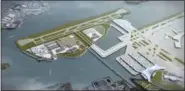 ?? PHOTOS BY FXFOWLE ARCHITECTS VIA AP ?? This artist rendering provided by FXFOWLE Architects illustrate­s a proposed plan for a runway and terminal, center, on the island that now houses the city’s massive Rikers Island jail complex, which is just across a narrow stretch of water from...