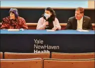  ?? Chatwan Mongkol / Hearst Connecticu­t Media ?? Lori Hartel of Yale New Haven Health speaks in Yale New Haven Hospital’s auditorium on Friday.