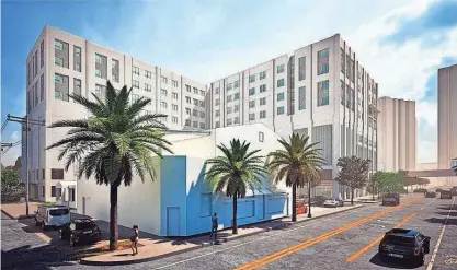  ?? RENDERINGS PROVIDED BY DOWNTOWN INVESTMENT AUTHORITY ?? A view down Hendricks Avenue at Home Street shows a rendering of the proposed 10-story building that Vestcor wants to build on the downtown Southbank. The back of the building runs along a portion of Home Street.