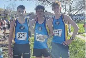  ?? ?? Halifax Harriers’ Alex Franklin, Tom Hodgson and Harry Johnson at the Salford 10k.