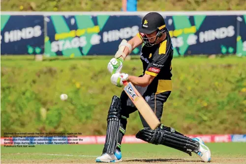  ?? ?? Michael Bracewell sends the ball to the boundary again on his way to scoring an unbeaten 141 off just 65 balls to lead the Wellington Firebirds to an astonishin­g two-wicket win over the Central Stags during their Super Smash Twenty20 match at Pukekura Park last week.