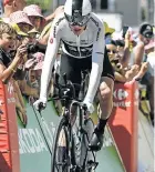  ?? Picture: PHILIPPE LOPEZ/AFP ?? MAKING UP LOST TIME: Britain’s Christophe­r Froome crosses the finish line of the third stage of the 105th edition of the Tour de France cycling race, a 35km team time trial around Cholet in western France