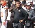  ?? BEN MARGOT — THE ASSOCIATED PRESS ?? Then-Browns coach Hue Jackson watches from the sideline during a 2018game against the Raiders in Oakland, Calif.