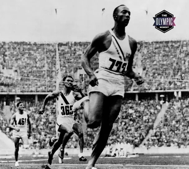  ??  ?? Previous page: Jesse Owens on the podium after his longjump gold.
Left: After winning 100m gold; Owens (far right) and others recover after a heat; German long jumper ‘Luz’ Long and Owens. Above: Winning his 100m heat