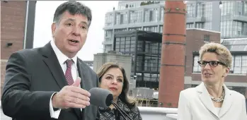  ?? VERONICA HENRI ?? Ontario Finance Minister Charles Sousa, with Premier Kathleen Wynne, right, announces the Liberals’ plan to help cool housing in Toronto on Thursday, including measures such as expanding rent control.