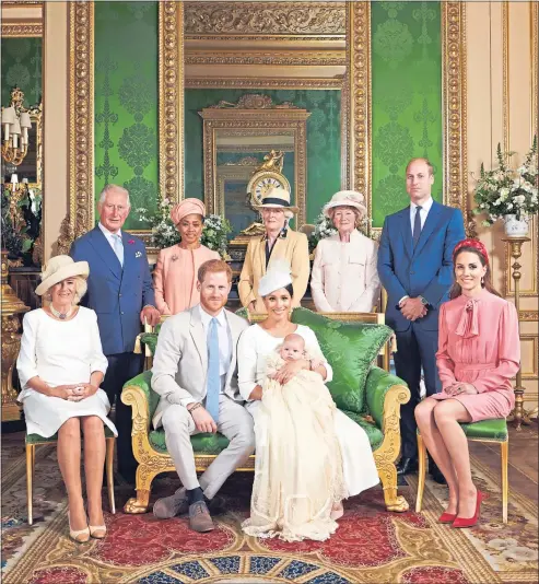  ??  ?? The official photo... The Duke and Duchess with their son, Archie and (left to right) the Duchess of Cornwall, the Prince of Wales, Doria Ragland, Lady Jane Fellowes, Lady Sarah Mccorquoda­le, and the Duke and The Duchess of Cambridge
Chris Allerton