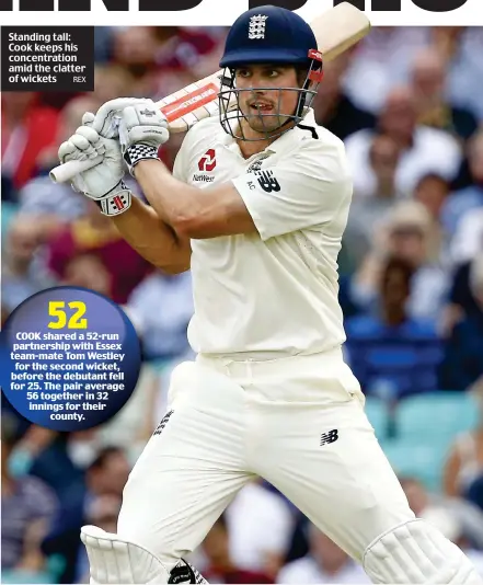  ?? REX ?? Standing tall: Cook keeps his concentrat­ion amid the clatter of wickets