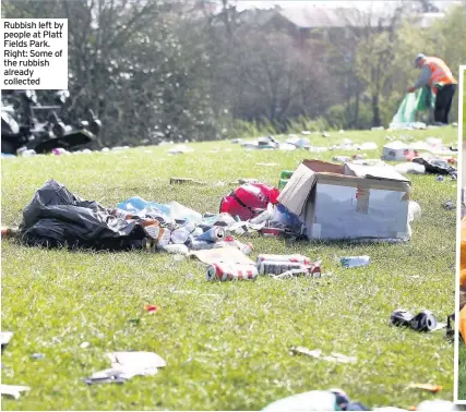  ??  ?? Rubbish left by people at Platt Fields Park. Right: Some of the rubbish already collected