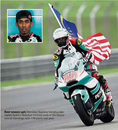  ??  ?? Best season yet: Petronas Raceline Yamaha rider Hafizh Syahrin Abdullah finished ninth in the Moto2 overall standings with 118 points last year.
