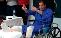  ?? — AFP FILE ?? Pakistan’s former prime minister Imran Khan addresses the media representa­tives at a hospital in Lahore, a day after an assassinat­ion attempt on him.