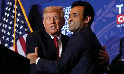  ?? Photograph: Matt Rourke/AP ?? Donald Trump embraces former candidate Vivek Ramaswamy at a campaign event in Atkinson, New Hampshire, on 16 January.