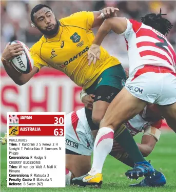  ??  ?? Wallabies prop Sekope Kepu looking to pass in heavy traffic against Japan in Yokohama yesterday