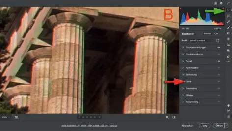  ??  ?? Automatisc­he Entfernung per Mausklick
In der 300%-Vergrößeru­ng zeigen die Kanten der Säulen gegen den dunklen Hintergrun­d eine starke CA – auf diesem Foto nicht nur am Bildrand, sondern auch im Zentrum. Die automatisc­he Korrektur ist im RAW-Konverter-Menü „Bearbeiten“(grüner Pfeil) unter „Optik“(roter Pfeil) zu finden.
Walhalla Das Bild ganz oben zeigt die Ruhmeshall­e bei Donaustauf, vom Donauufer aus im harten Licht
mit offener Blende aufgenomme­n.