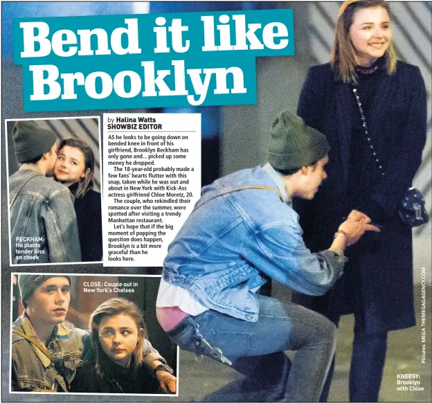  ??  ?? PECKHAM: He plants tender kiss on cheek CLOSE: Couple out in New York’s Chelsea KNEESY: Brooklyn with Chloe