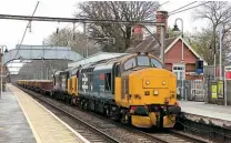  ?? DR IAIN C SCOTCHMAN ?? Rare traction on the Great Eastern as Class 37 Nos. 37402 and 37407 pass thorugh Ingateston­e with 6Z37 11.36 Parkeston Sorting Sidings-Westbury Down Yard ballast train on April 21.