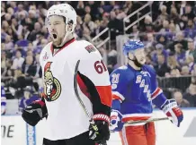  ??  ?? Ottawa Senators forward Mark Stone celebrates after scoring a goal against the New York Rangers on Tuesday in New York.