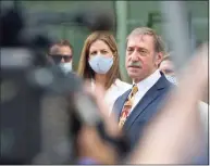  ?? H John Voorhees III / Hearst Connecticu­t Media ?? Attorney Jon Schoenhorn speaks to the media after representi­ng Michelle Troconis, left, in state Superior Court in Stamford on Aug. 28, 2020.