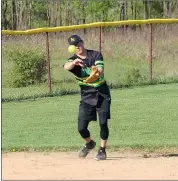  ?? Photo by Rich Quiggle ?? Cole Peterson tosses to second for a force-out during Allegheny Coatings 28-2 win over Dino’s Place. Peterson homered and had a team-high 5 RBIs in the win.