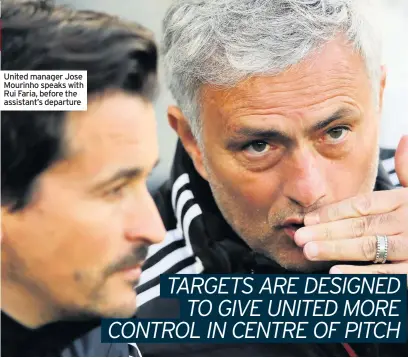  ??  ?? United manager Jose Mourinho speaks with Rui Faria, before the assistant’s departure