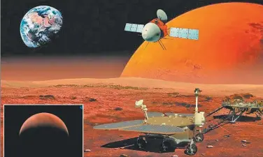  ?? XINHUA Y CNSA ?? ESPACIO. Ilustració­n de la Academia de Ciencias de Beijing sobre a pose del módulo. Y foto del planeta rojo tomada por la sonda.