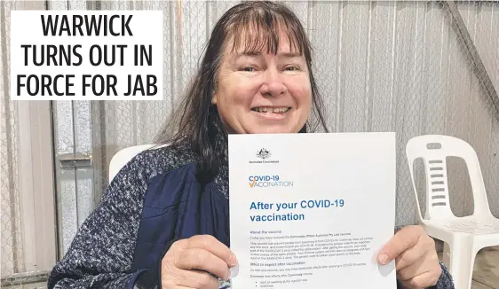  ?? Picture: Jessica Paul ?? Leeola Gill is one of the first Rose City residents to get the Pfizer vaccine on Tuesday at the showground­s clinic.