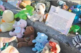  ?? Leslie Hutchison / Hearst Connecticu­t Media ?? Thursday night’s awareness vigil at Coe Memorial Park included a collection of stuffed animals, each representi­ng a sexual violence victim. In 2017, 78 children received support from the Susan B. Anthony Project in Torrington.