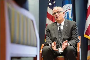  ?? AP Photo/Patrick Semansky ?? ■ U.S. Customs and Border Protection Commission­er Chris Magnus speaks during an interview Tuesday in his office with The Associated Press in Washington. A strained Border Patrol is getting increased attention from the Biden administra­tion after tense meetings between senior officials and the rank-and-file while the agency deals with one of the largest spikes in migration along the U.S.-Mexico border in decades. Department of Homeland Security Secretary Alejandro Mayorkas, who oversees the Border Patrol, laid out 19 ways to address working conditions after frosty receptions by agents, said Magnus.