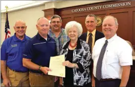  ??  ?? August is declared Blood Assurance Month in Catoosa County. From left: Commission­er Jim Cutler, Commission Chairman Keith Greene, Commission­er Jeff Long, Blood Assurance spokeswoma­n Doris White, Commission­er Ray Johnson and Blood Assurance advisory...