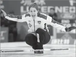  ?? Associated Press photo ?? Sweden's Anna Hasselborg reacts during in the CPT World Women's Curling Championsh­ip 2017 in Beijing, China, Saturday.