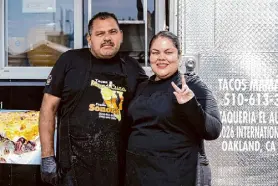  ?? ?? Juan Carlos Garcia runs the grill and Maria Marquez makes the magic at the couple’s Sonoran-style food truck, Tacos Mama Cuca.