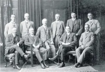  ?? ?? The first New Zealand Meat Producers Board in 1922: Standing, from left: G C Smith (secretary), W D Hunt, William Perry, Adam Hamilton, John Fraser (general manager); seated, from left: Thomas Andrew Duncan, David Jones MP (chair), John Charles Nattle Grigg, James Simon Jessep and Alfred Ernest Harding MP.