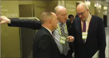  ??  ?? ICSA president Patrick Kent and general secretary Eddie Punch push for a fully funded CAP with EU Agricultur­e Commission­er Phil Hogan in Brussels.