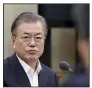  ?? AP/South Korea Presidenti­al Blue House ?? South Korean President Moon Jae-in listens to a report on the broken security agreement with Japan at his offices Thursday in Seoul.