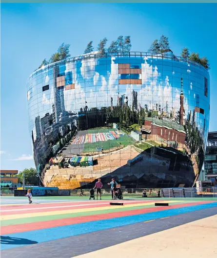  ?? ?? The gleaming, bowl-shaped Depot in Rotterdam’s Museumpark, main; the bookcase room at Hotel Not Hotel, top left; Renilde Restaurant’s rooftop forest at sunset; and writer Aine Fox chills out, inset