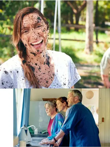  ?? ∙ PHOTOGRAPH­Y BY ANDREAS BOMMERT ?? From top: A mud-splattered Claudia Karvan attempts to move her mother’s bogged car in June Again; With her screen family, Noni Hazlehurst and Stephen Curry.