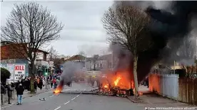  ??  ?? Loyalists hijacked and set the bus on fire as violence continues across Northern Ireland