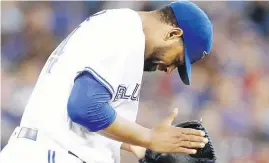  ?? MARK BLINCHZ, THE CANADIAN PRESS ?? Blue Jays starter Cesar Valdez, the journeyman’s journeyman, reacts after recording a sixth-inning strikeout Tuesday night in Toronto.