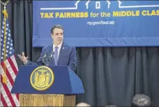  ?? Office of the Governor ?? Gov. Andrew Cuomo speaks during a press conference where he pushed for a permanent 2 percent property tax cap on thursday in Cheektowag­a.