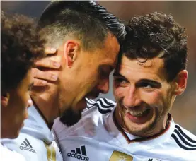  ??  ?? Germany’s Sandro Wagner, left, and his teammate Leon Goretzka celebrate after Wagner scored his side’s second goal Photo: AP