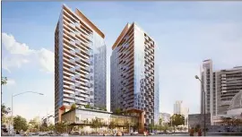  ?? STEINBERG HART ?? The Miro mixed-use complex in downtown San Jose will feature two residentia­l towers, each 28stories, and 16,000square feet of restaurant and retail space.