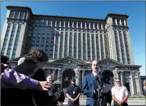  ?? AP/CARLOS OSORIO ?? Matthew Moroun, son of Michigan Central Station owner Manuel “Matty” Moroun, on Monday announces the sale of the historic Detroit train station to the Ford Motor Co.