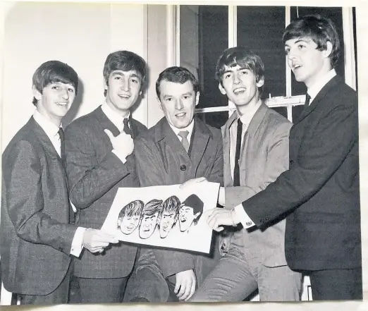  ??  ?? Left: The Beatles with the caricature­s produced by a DC Thomson artist in Dundee in 1963; top: the Fab Four’s signatures; and Paul signs his name, above.