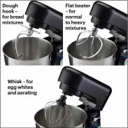  ?? ?? Dough hook – for bread mixtures
Whisk – for egg whites and aerating
Flat beater – for normal to heavy mixtures