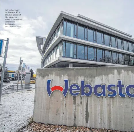  ?? FOTO: LINO MIRGELER/DPA ?? Unternehme­nssitz der Webasto AG in München-Stockdorf: Hier gab es vor einem Jahr die ersten Corona-Fälle bundesweit.