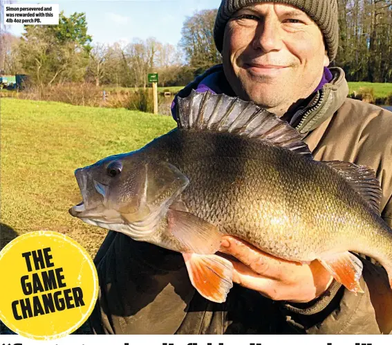  ??  ?? Simon persevered and was rewarded with this 4lb 4oz perch PB.