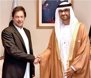  ?? APP ?? Prime Minister Imran Khan receives UAE’s Minister of State and CEO of Abu Dhabi National Oil Company Dr Sultan Ahmad Al Jaber at the Prime Minister’s Office in Islamabad. —