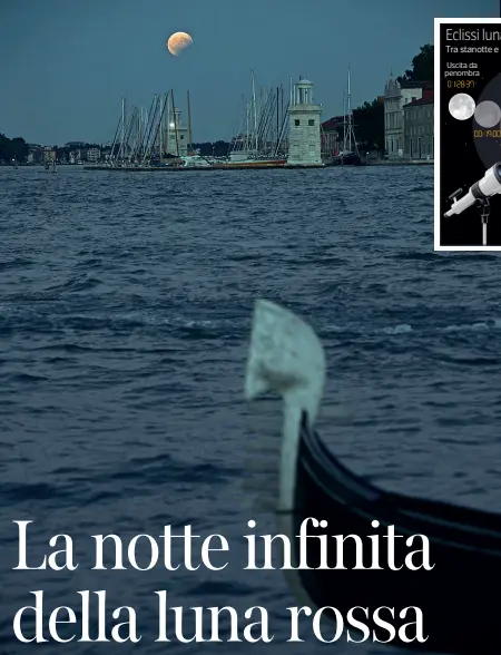  ??  ?? Il colore del sangueLuna rossa, Luna di sangue. Il fenomeno che si verifica durante le eclissi di Luna (terra tra il sole e la luna stessa) sarà visibile in tutta la regione, nubi permettend­o. In ogni provincia, sono decine gli appuntamen­ti organizzat­i per la visione, coadiuvati da strumenti astronomic­i o meno. La Luna rossa va bene anche in spiaggia, con la musica o sopra una cena a due.