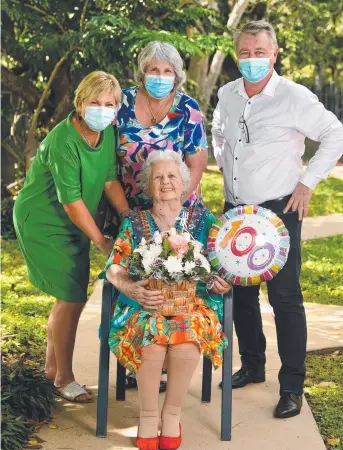  ?? ?? Good Shepherd Home resident Lucy Flanagan, who has turned 100, with daughters Kerri Flanagan and Kim Flanagan and Mundingbur­ra MP Les Walker. Picture: Evan Morgan