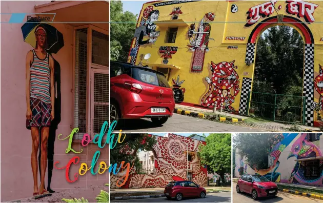  ??  ?? Lodhi Art District (opening spread & top) has become synonymous with street art. The 100bhp Grand i10 Nios Turbo zipping past murals on a flyover in Noida (bottom)